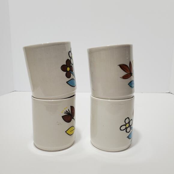 Vtg MCM Floral Stoneware Mugs Blue Brown & Yellow 4oz China 4 Floral Patterns - Picture 5 of 15